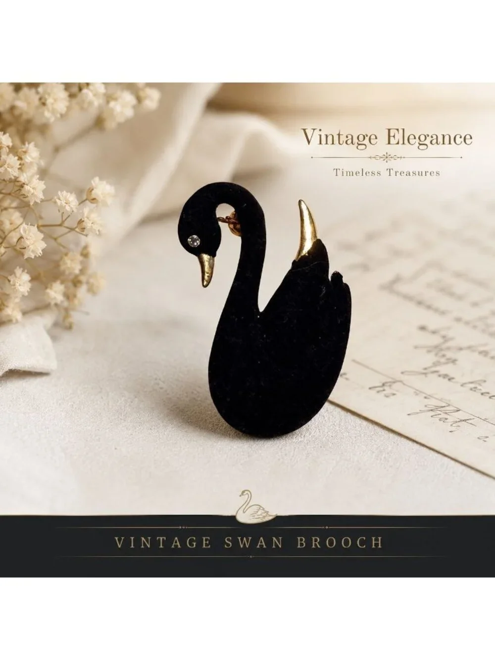Black Swan Brooch Velvet Rhinestone Eye Old Money Style VTG Quiet Luxury Pin